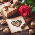 Rustic Wooden Table Hosts Greeting Card Elements for Mother or Valentines Day. Generative ai for illustrations Royalty Free Stock Photo