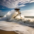 Eternal Dance: Long Exposure Sea Wave Foam on Beach with Lighthouse Royalty Free Stock Photo