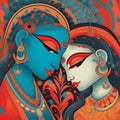 Eternal Embrace: Ancient Indian Lovers in Contemporary Kalighat Style Painting Royalty Free Stock Photo