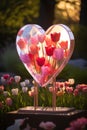 Eternal Love: Radiant Glass Heart Amidst Blossoming Beauty Royalty Free Stock Photo