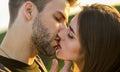 Eternal love. romantic date. sensual kiss of two lovers. people in relationship relax together. enjoying the company of Royalty Free Stock Photo