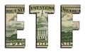 ETF Exchange Traded Fund Abbreviation Word 50 US Real Dollar Bill Banknote Money Texture on White Background