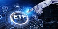 ETF Exchange-traded fund stock market business finance investment concept. 3d render robot pressing button