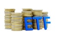 ETF - exchange traded funds - acronym in front of stacks of coins over white background Royalty Free Stock Photo