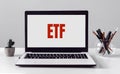 ETF index, acronym on laptop screen in office Royalty Free Stock Photo