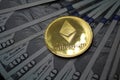 ETH Ether Ethereum Golden Cryptocurrency Coin. Closeup