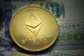 ETH Ether Ethereum Golden Cryptocurrency Coin. Closeup