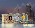 ETH Ethereum and Bitcoin BTC cryptocurrency coin, digital crypto currency tokens for defi decentralized financial banking p2p