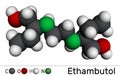 EthambutolÃÂµ, EMB molecule. It is bacteriostatic agent used for treatment of tuberculosis. Molecular model. 3D rendering