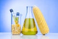 Ethanol biofuel derived from corn maze with beaker test tubes in laboratory on blue background Royalty Free Stock Photo