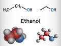 Ethanol, C2H5OH molecule. It is a primary alcohol, an alkyl alcohol. Structural chemical formula and molecule model.