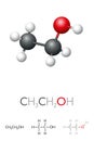 Ethanol, CH3CH2OH, ethyl alcohol, molecule model and chemical formula
