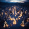 Celestial Grove: Aerial Symphony of Lit Christmas Trees at Night