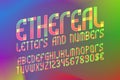Ethereal alphabet with numbers and currency symbols. Colorful translucent font on iridescent background