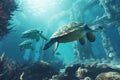 Ethereal and ancient sea turtles navigating throug