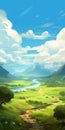 Ethereal Anime-inspired Landscape: Green Hills And Azure River