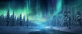 Ethereal aurora borealis dancing across a starlit Arctic sky, casting reflections on snow.