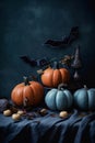 Ethereal Autumn Elegance: Pumpkin Still Life on Wooden Table with Silhouetted Bats in Background AI generated