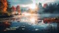 Ethereal Autumn Pond: A High Quality 8k Image Of A Misty Lake With Autumn Leaves
