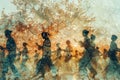 Ethereal Autumn Silhouettes of People Walking in a Park with Golden Leaves and Sunlight Filter