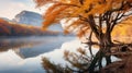 Ethereal Autumn Tree By The River At Sunrise