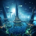 Ethereal backdrop of a futuristic cityscape set in the water at night, AI-generated.