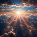 Ethereal beauty Sun rays pierce clouds, revealing a serene panorama