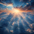 Ethereal beauty Sun rays pierce clouds, revealing a serene panorama