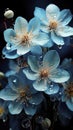 Ethereal blue apple blossoms glisten with water drops; their fantastic hue whispers of spring's gentle arrival