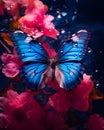 Ethereal Blue Butterfly on Vibrant Pink Flower in Nature\'s Harmony. Generative Ai Royalty Free Stock Photo