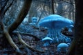 ethereal blue glow of bioluminescent fungi in woodland