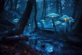 ethereal blue glow of bioluminescent fungi in woodland