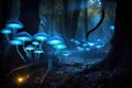 ethereal blue glow of bioluminescent fungi in woodland