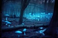 ethereal blue glow of bioluminescent fungi in woodland