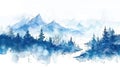 Ethereal blue watercolor of mountainous forest in mist.