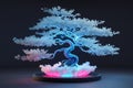 Ethereal bonsai tree, glowing blue energy, wispy branches, cloud-like base, pink and white gradient, Royalty Free Stock Photo