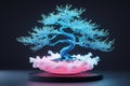 Ethereal bonsai tree, glowing blue energy, wispy branches, cloud-like base, pink and white gradient, Royalty Free Stock Photo