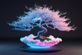 Ethereal bonsai tree, glowing blue energy, wispy branches, cloud-like base, pink and white gradient Royalty Free Stock Photo