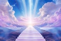 Ethereal bridge to the skies surrounded by clouds. Concept of dreamlike voyage, peaceful ascent, celestial path, and
