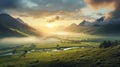 Ethereal British Topographical Landscape: Golden Light In A Grassy Valley