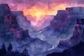 Ethereal Canyon at Dusk: A Minimalist Watercolor Vista. Concept Travel, Nature, Watercolor, Art,