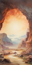 Ethereal Cave: A Realistic Painting Of A Desert Cave Amidst Majestic Mountains