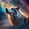 An ethereal, celestial wolf with fur that shimmers with the colors of the nebulae, howling amidst cosmic storms5