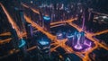 Digital connectivity and future cities concept. The neon-lit cityscape dominates the