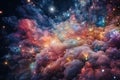 Ethereal clouds of colorful nebulae amidst a dazzling starscape, set in the vast expanse of the universe.
