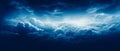 Ethereal clouds in dark navy and white with dreamlike horizons. High-angle aerial view, strong contrast, and chiaroscuro