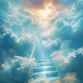 Ethereal connection Cloud stairway evokes spiritual transcendence and enlightenment