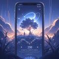 Ethereal Cosmic Landscape Illustration with Person and Tree, App Icon Concept Royalty Free Stock Photo