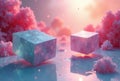 Ethereal cubes hovering above a reflective surface adorned with delicate pink crystalline formations in a dreamlike setting. Royalty Free Stock Photo