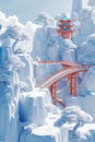 Ethereal 3D landscape with snowy trees, cliffs, and traditional pagoda.